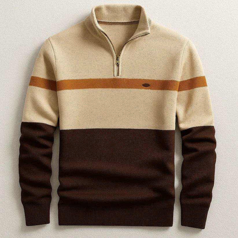 Herren Pullover mit Halb-Reißverschluss, Stehkragen und horizontalen Einsätzen-Men Sweaters-Alpenkind