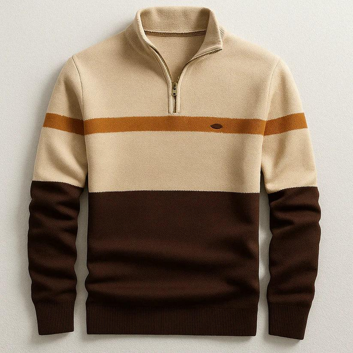 Herren Pullover mit Halb-Reißverschluss, Stehkragen und horizontalen Einsätzen-Men Sweaters-Alpenkind