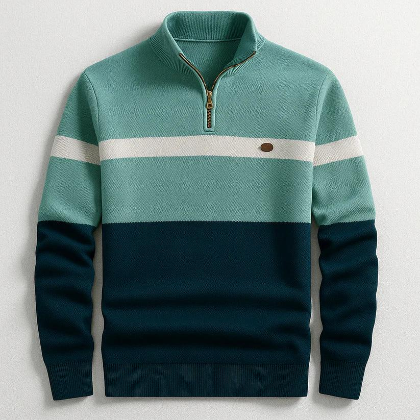 Herren Pullover mit Halb-Reißverschluss, Stehkragen und horizontalen Einsätzen-Men Sweaters-Alpenkind