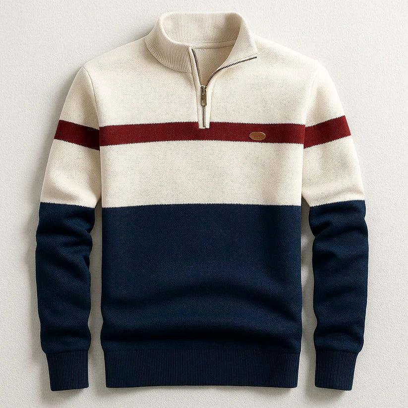 Herren Pullover mit Halb-Reißverschluss, Stehkragen und horizontalen Einsätzen-Men Sweaters-Alpenkind