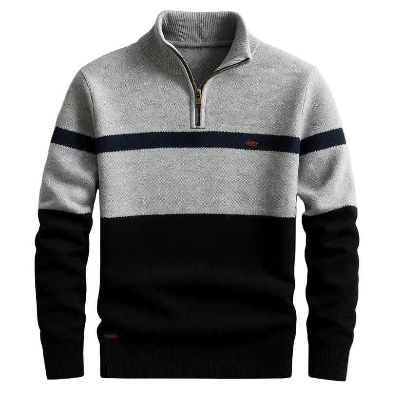 Herren Pullover mit Halb-Reißverschluss, Stehkragen und horizontalen Einsätzen-Men Sweaters-Alpenkind