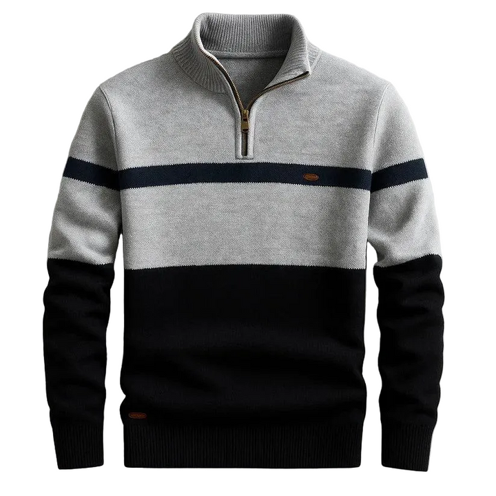 Herren Pullover mit Halb-Reißverschluss, Stehkragen und horizontalen Einsätzen-Men Sweaters-Alpenkind