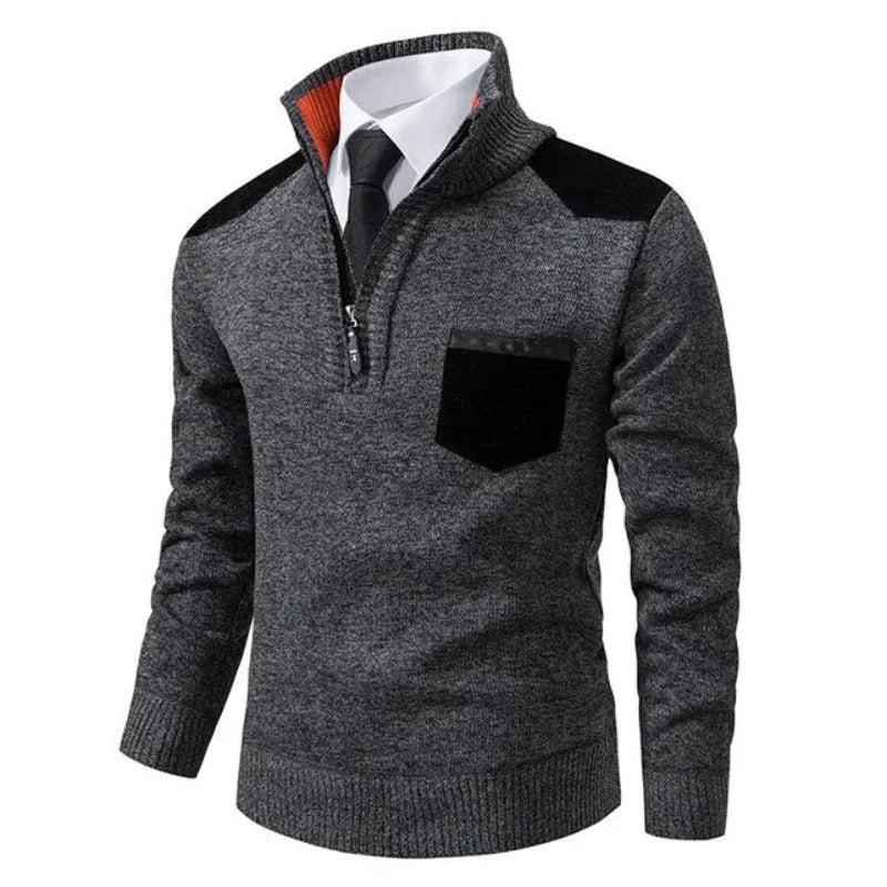 Herren Pullover mit Halb-Reißverschluss, Stehkragen und Kontrastdetails-Men Sweaters-Alpenkind