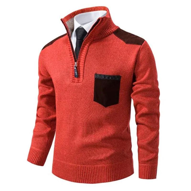 Herren Pullover mit Halb-Reißverschluss, Stehkragen und Kontrastdetails-Men Sweaters-Alpenkind