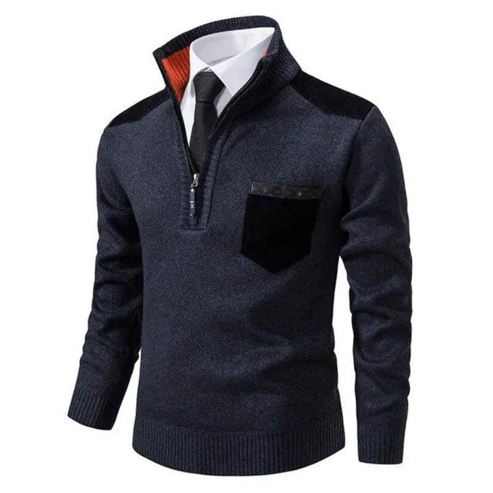 Herren Pullover mit Halb-Reißverschluss, Stehkragen und Kontrastdetails-Men Sweaters-Alpenkind