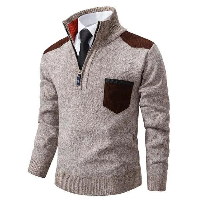 Herren Pullover mit Halb-Reißverschluss, Stehkragen und Kontrastdetails-Men Sweaters-Alpenkind