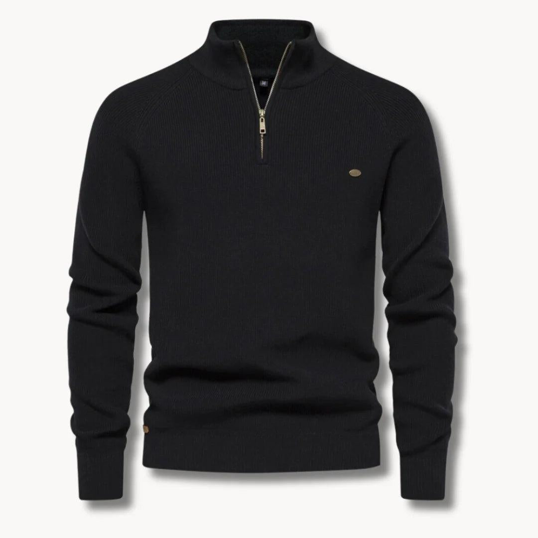 Herren Pullover mit Halb-Reißverschluss, Stehkragen und Rippstruktur-Men Sweaters-Alpenkind