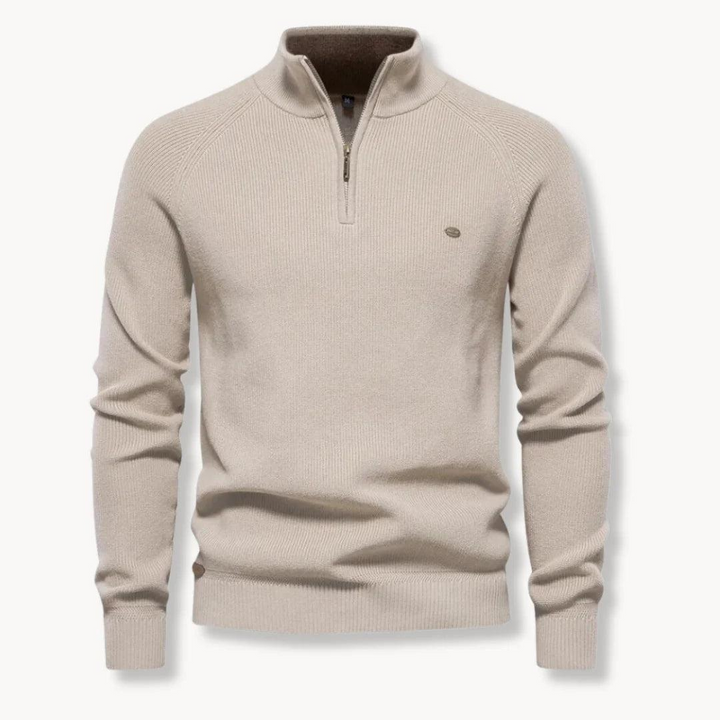 Herren Pullover mit Halb-Reißverschluss, Stehkragen und Rippstruktur-Men Sweaters-Alpenkind
