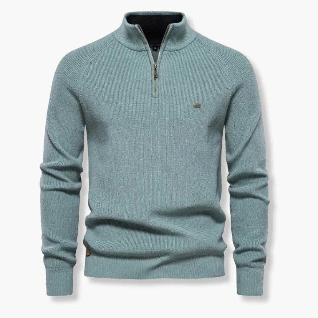 Herren Pullover mit Halb-Reißverschluss, Stehkragen und Rippstruktur-Men Sweaters-Alpenkind