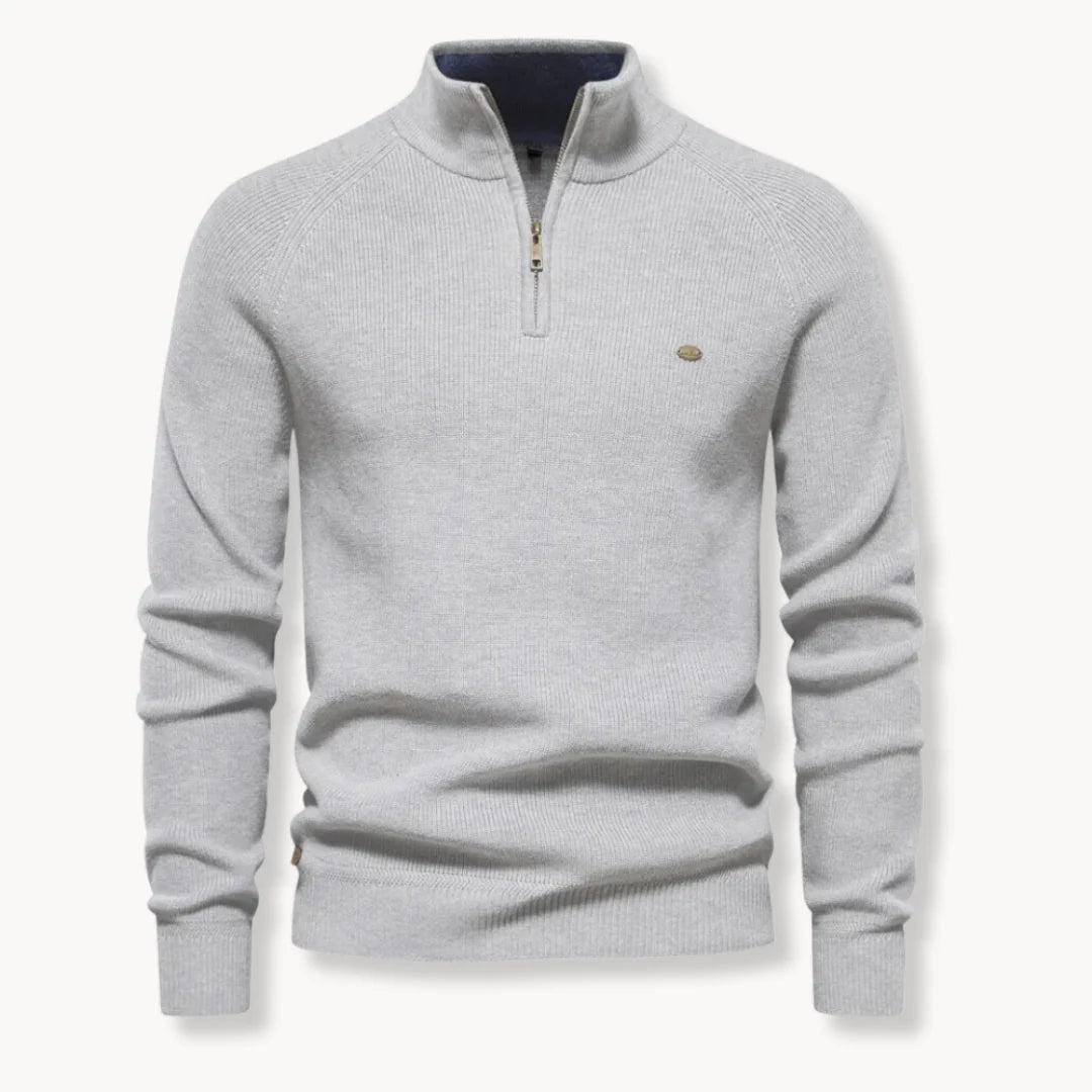 Herren Pullover mit Halb-Reißverschluss, Stehkragen und Rippstruktur-Men Sweaters-Alpenkind