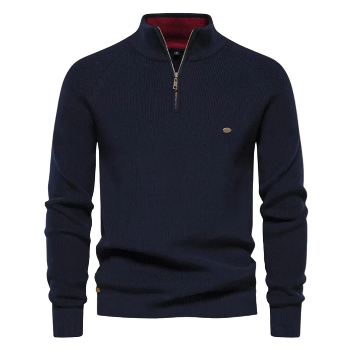 Herren Pullover mit Halb-Reißverschluss, Stehkragen und Rippstruktur-Men Sweaters-Alpenkind