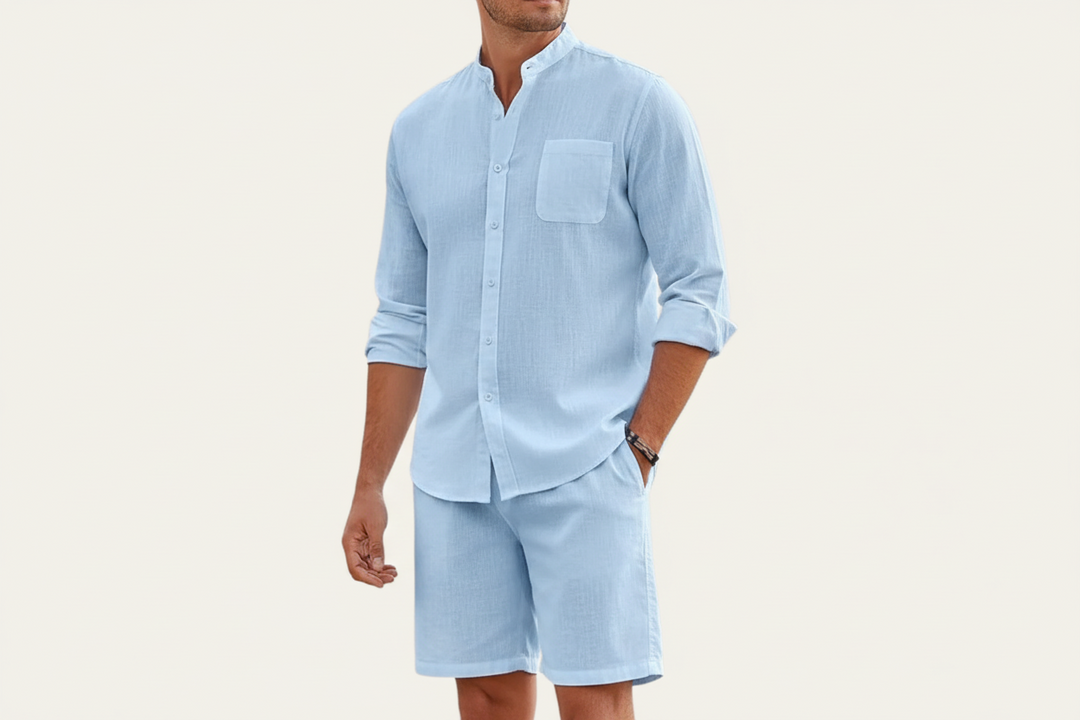 Herren Set mit Hemd mit Stehkragen und Shorts mit Kordelbund-Men Sets-Alpenkind