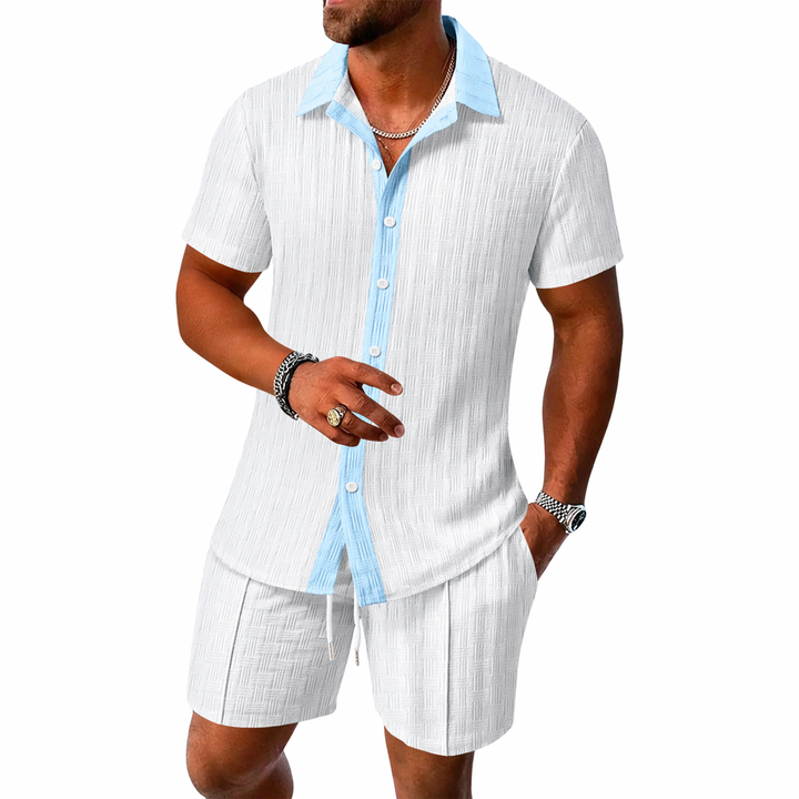 Herren Set mit Kurzarmhemd mit Kragen und Knopfleiste sowie Shorts mit elastischem Bund und Kordelzug-Men Sets-Alpenkind