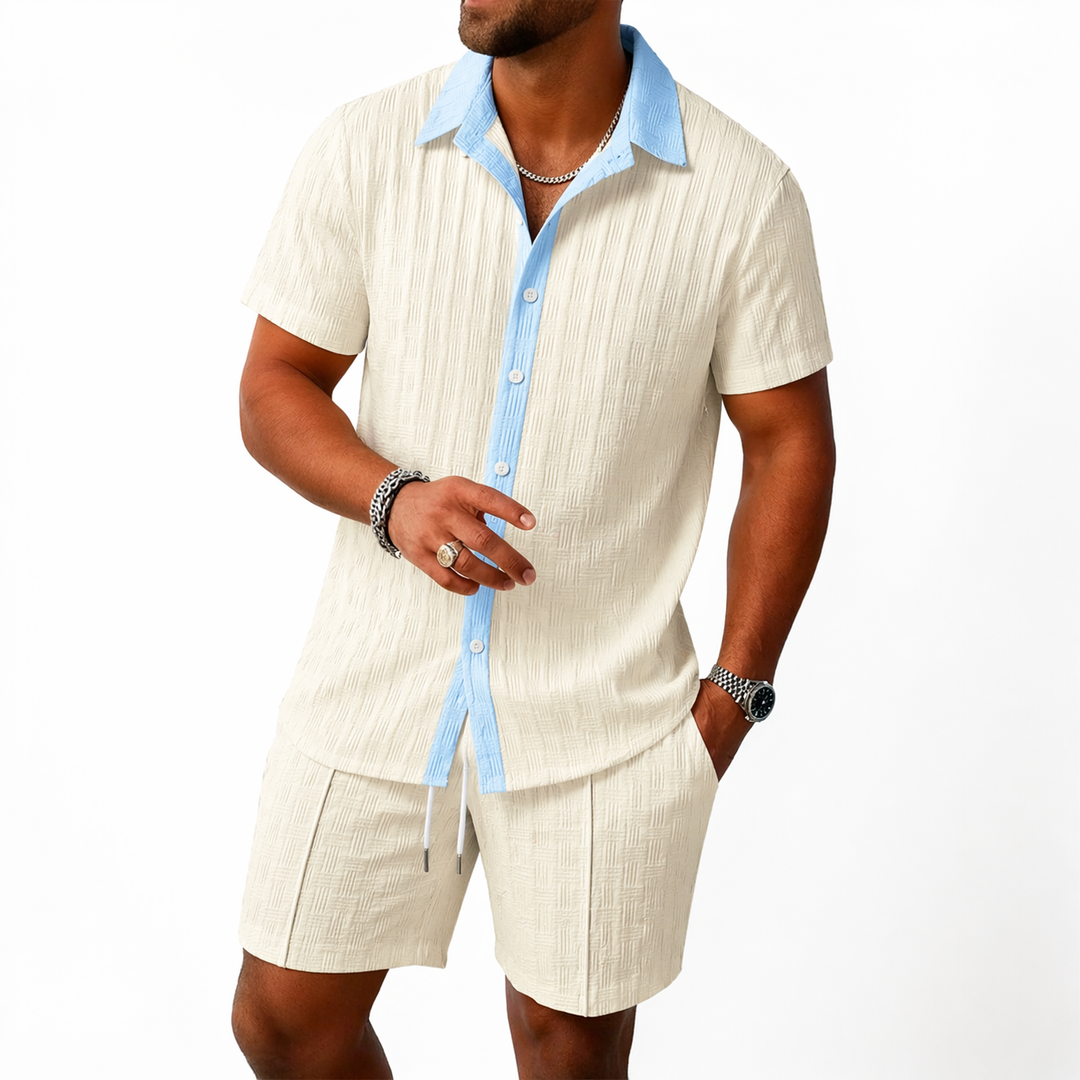 Herren Set mit Kurzarmhemd mit Kragen und Knopfleiste sowie Shorts mit elastischem Bund und Kordelzug-Men Sets-Alpenkind