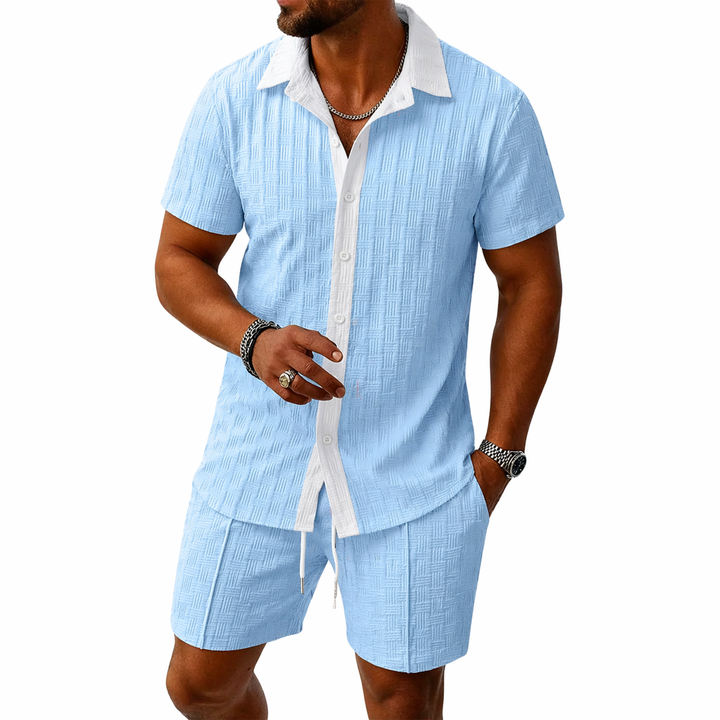 Herren Set mit Kurzarmhemd mit Kragen und Knopfleiste sowie Shorts mit elastischem Bund und Kordelzug-Men Sets-Alpenkind