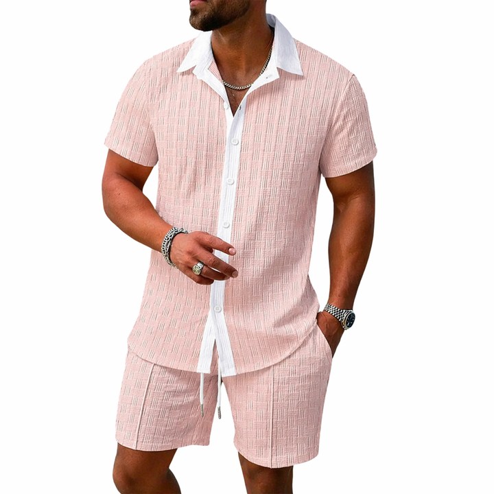 Herren Set mit Kurzarmhemd mit Kragen und Knopfleiste sowie Shorts mit elastischem Bund und Kordelzug-Men Sets-Alpenkind