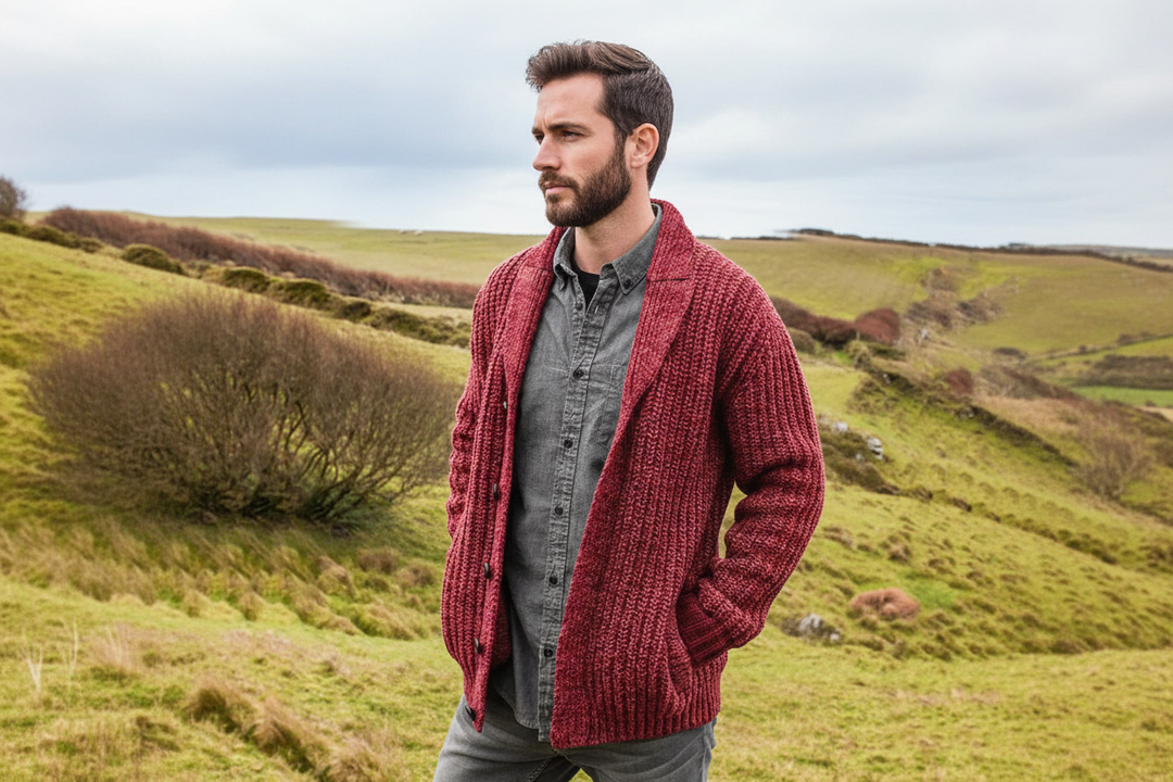 Herren Strickjacke mit Knopfleiste und Schalkragen-Men Sweaters-Alpenkind