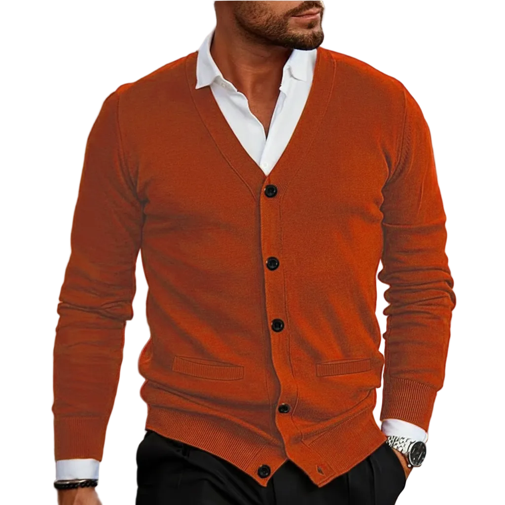 Herren Strickjacke mit Knopfleiste, V-Ausschnitt und Rippbündchen-Men Cardigans-Alpenkind