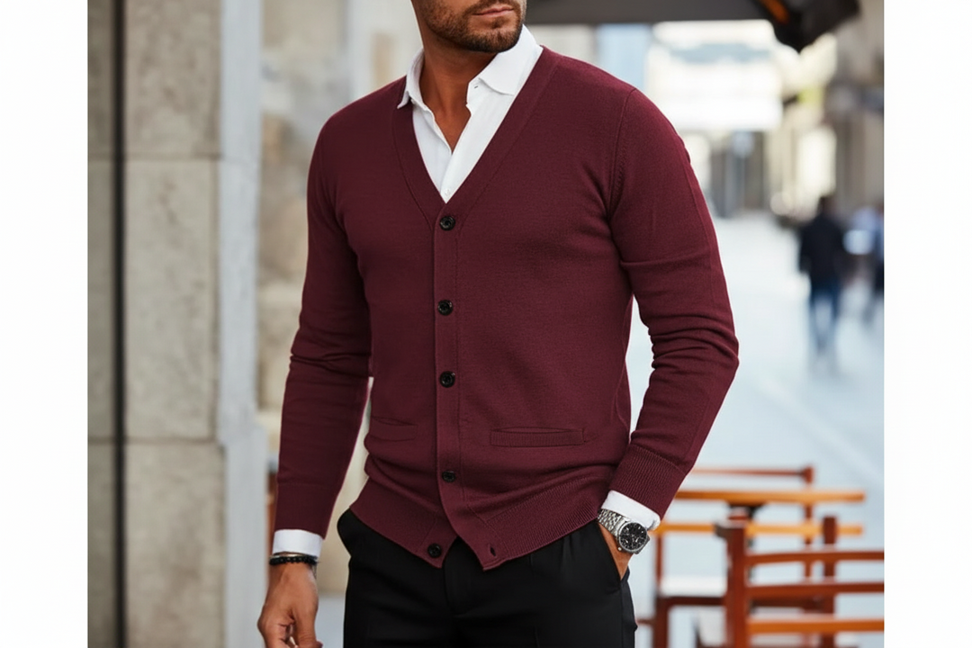 Herren Strickjacke mit Knopfleiste, V-Ausschnitt und Rippbündchen-Men Cardigans-Alpenkind
