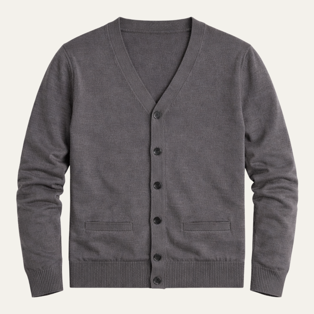 Herren Strickjacke mit Knopfleiste, V-Ausschnitt und Rippbündchen-Men Cardigans-Alpenkind