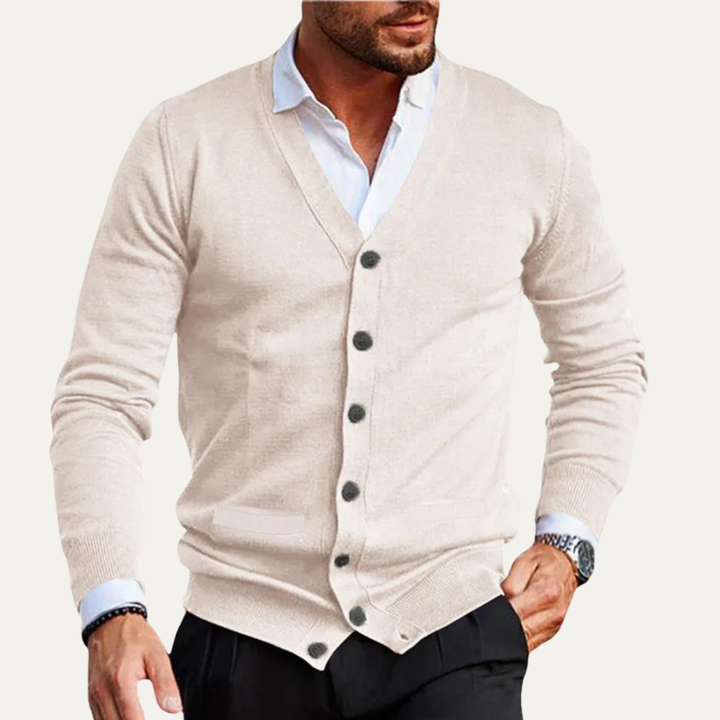 Herren Strickjacke mit Knopfleiste, V-Ausschnitt und Rippbündchen-Men Cardigans-Alpenkind