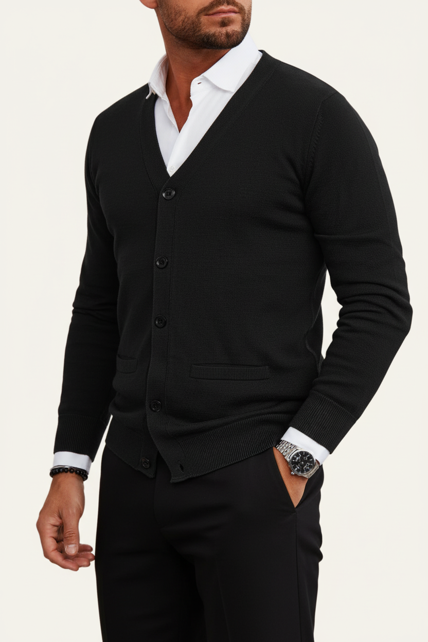 Herren Strickjacke mit Knopfleiste, V-Ausschnitt und Rippbündchen-Men Cardigans-Alpenkind