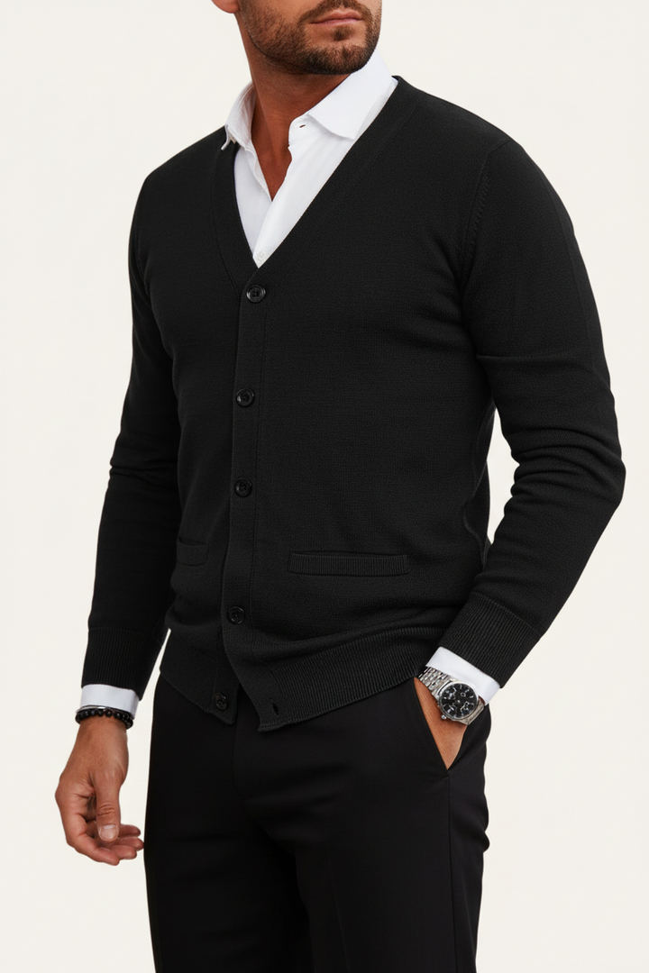 Herren Strickjacke mit Knopfleiste, V-Ausschnitt und Rippbündchen-Men Cardigans-Alpenkind