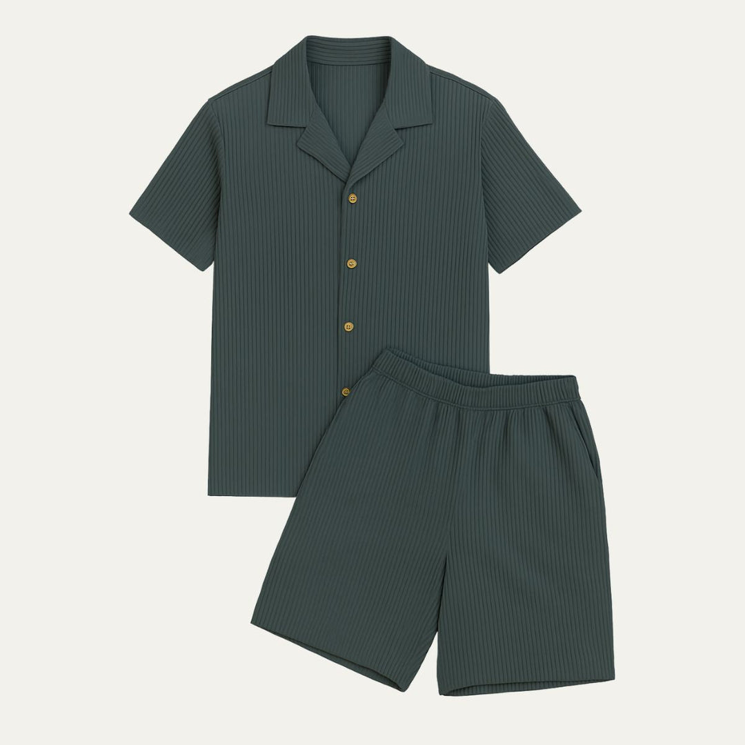 Herren Zweiteiler mit Kurzarmhemd und Shorts mit Strukturmuster-Men Sets-Alpenkind