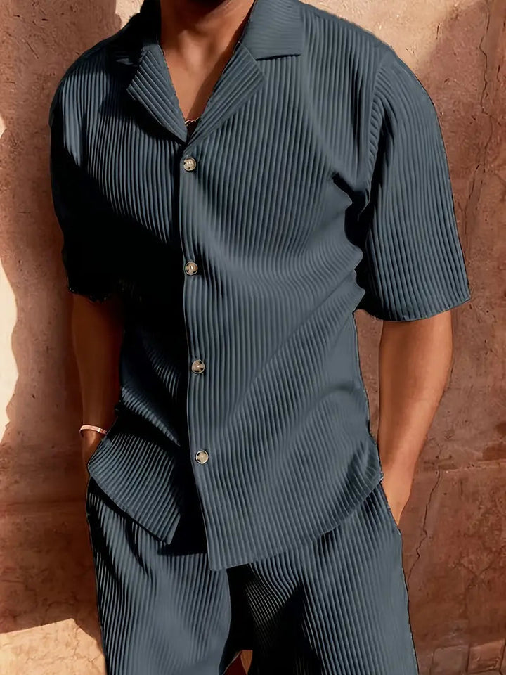 Herren Zweiteiler mit Kurzarmhemd und Shorts mit Strukturmuster-Men Sets-Alpenkind