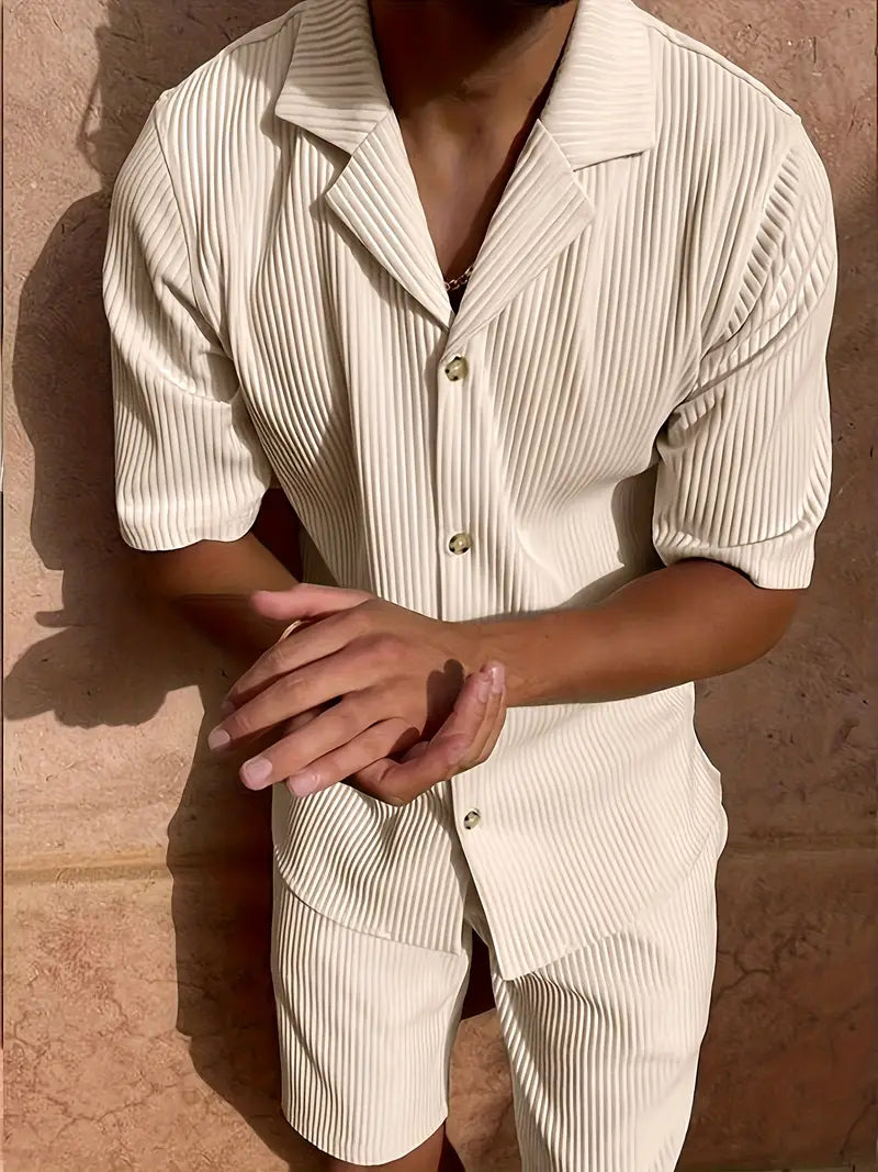 Herren Zweiteiler mit Kurzarmhemd und Shorts mit Strukturmuster-Men Sets-Alpenkind