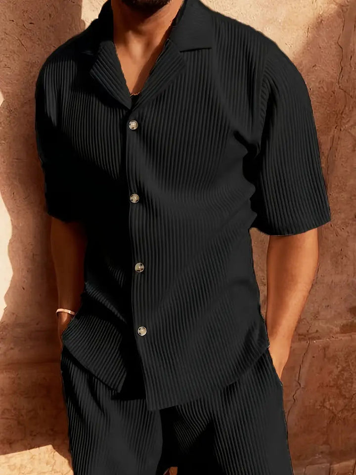 Herren Zweiteiler mit Kurzarmhemd und Shorts mit Strukturmuster-Men Sets-Alpenkind