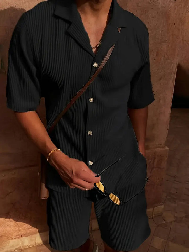 Herren Zweiteiler mit Kurzarmhemd und Shorts mit Strukturmuster-Men Sets-Alpenkind