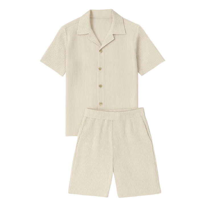 Herren Zweiteiler mit Kurzarmhemd und Shorts mit Strukturmuster-Men Sets-Alpenkind