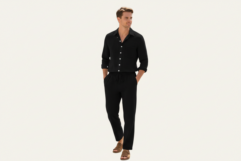 Herren Zweiteiler mit Langarmhemd und Hose mit strukturierter Oberfläche-Men Sets-Alpenkind