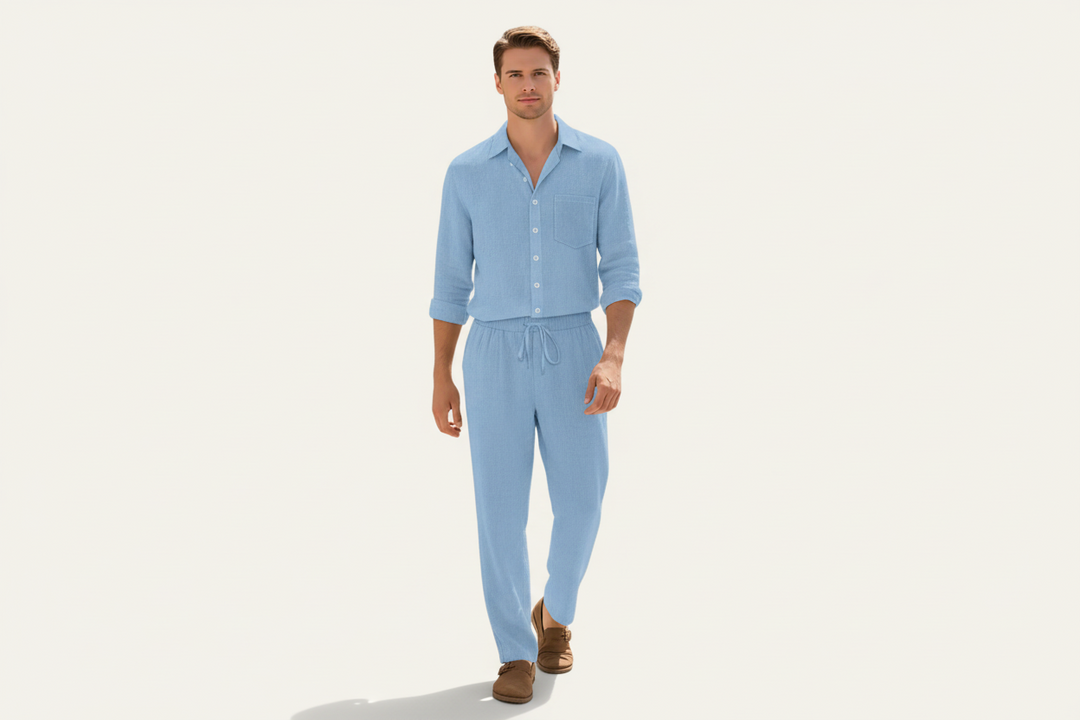 Herren Zweiteiler mit Langarmhemd und Hose mit strukturierter Oberfläche-Men Sets-Alpenkind