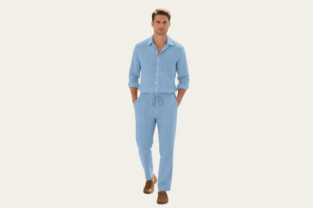 Herren Zweiteiler mit Langarmhemd und Hose mit strukturierter Oberfläche-Men Sets-Alpenkind