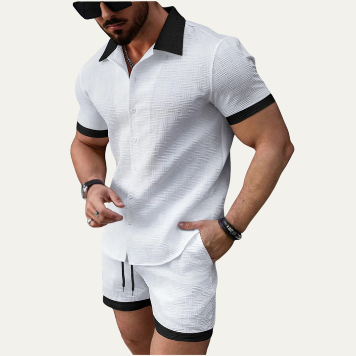 Herren zweiteiliges Set mit Kurzarmhemd mit Knopfleiste und Shorts mit elastischem Bund und Kordelzug-Men Sets-Alpenkind