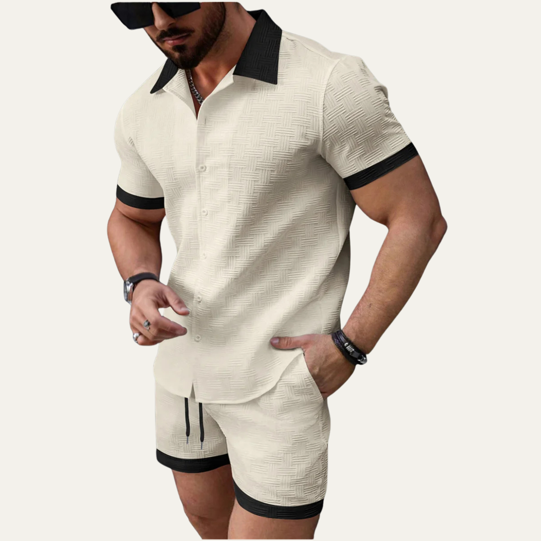 Herren zweiteiliges Set mit Kurzarmhemd mit Knopfleiste und Shorts mit elastischem Bund und Kordelzug-Men Sets-Alpenkind