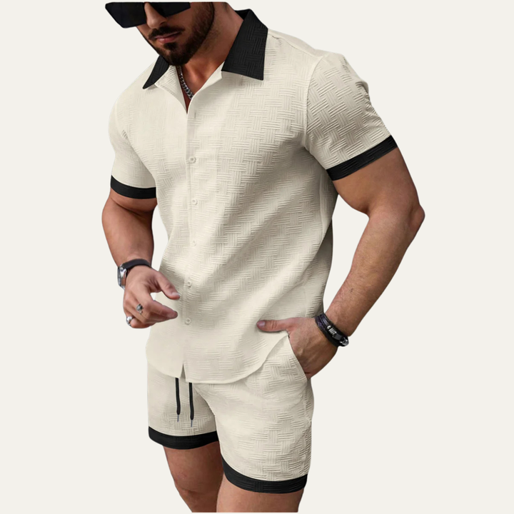 Herren zweiteiliges Set mit Kurzarmhemd mit Knopfleiste und Shorts mit elastischem Bund und Kordelzug-Men Sets-Alpenkind