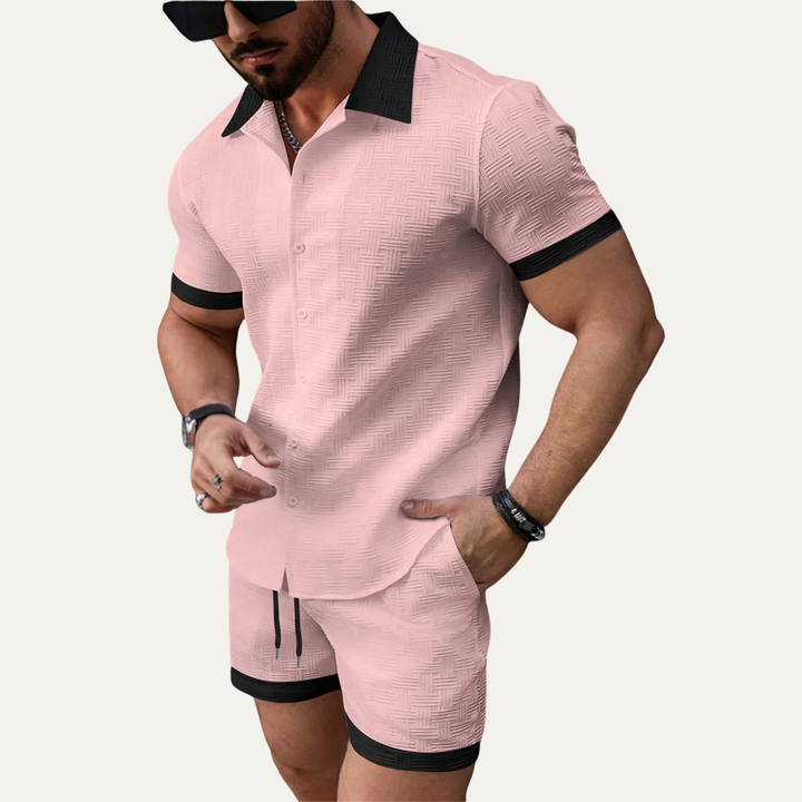 Herren zweiteiliges Set mit Kurzarmhemd mit Knopfleiste und Shorts mit elastischem Bund und Kordelzug-Men Sets-Alpenkind