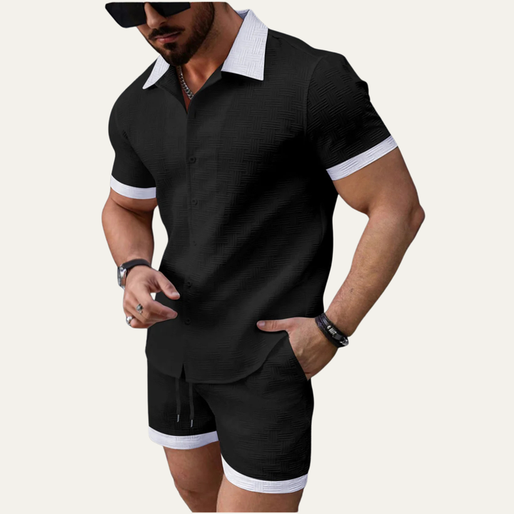Herren zweiteiliges Set mit Kurzarmhemd mit Knopfleiste und Shorts mit elastischem Bund und Kordelzug-Men Sets-Alpenkind