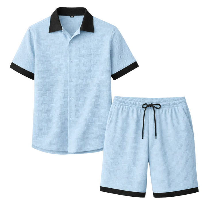 Herren zweiteiliges Set mit Kurzarmhemd mit Knopfleiste und Shorts mit elastischem Bund und Kordelzug-Men Sets-Alpenkind