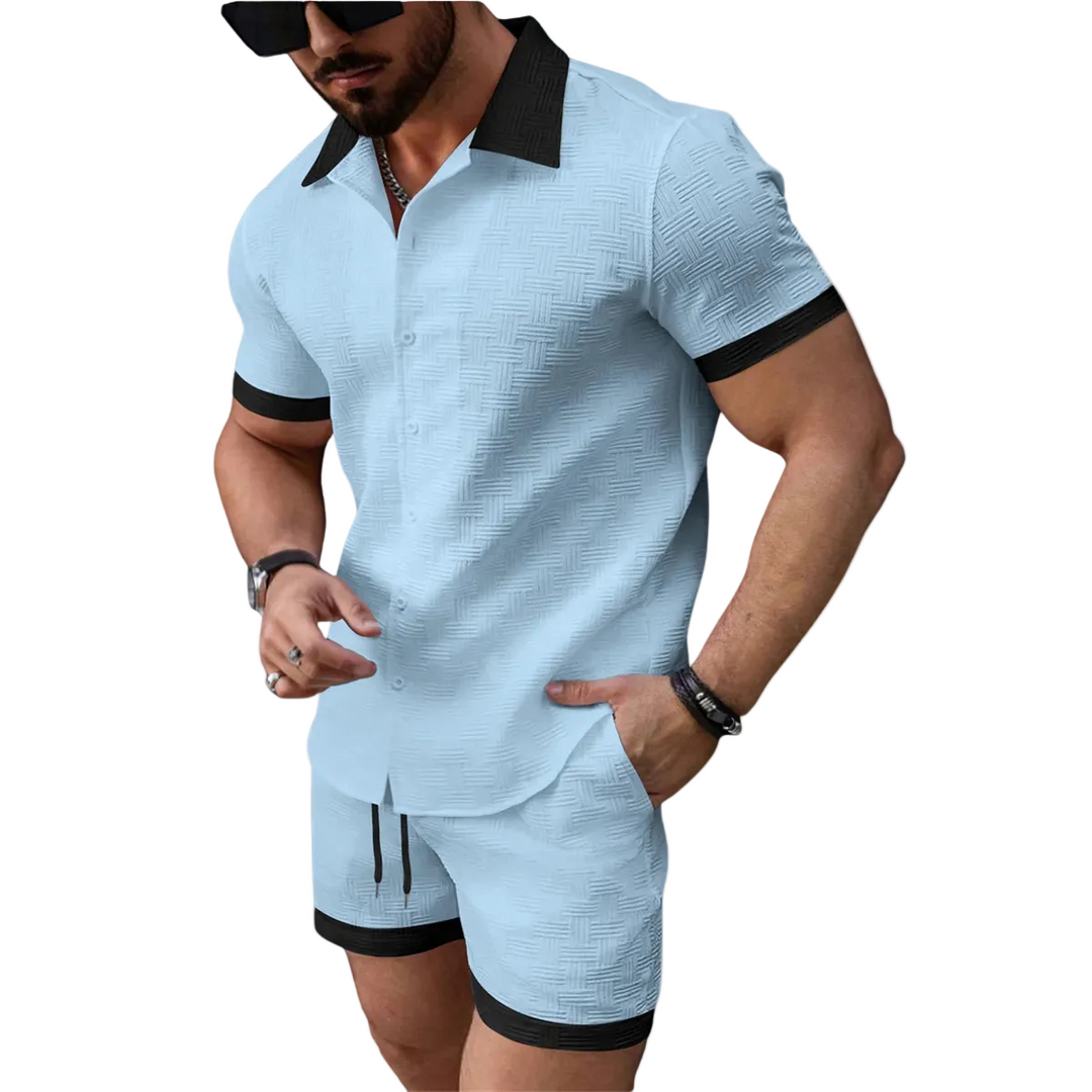 Herren zweiteiliges Set mit Kurzarmhemd mit Knopfleiste und Shorts mit elastischem Bund und Kordelzug-Men Sets-Alpenkind