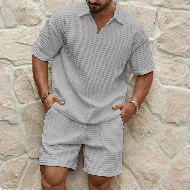 Herren Zweiteiliges Set mit Kurzarmshirt und Shorts mit Struktur-Men Sets-Alpenkind