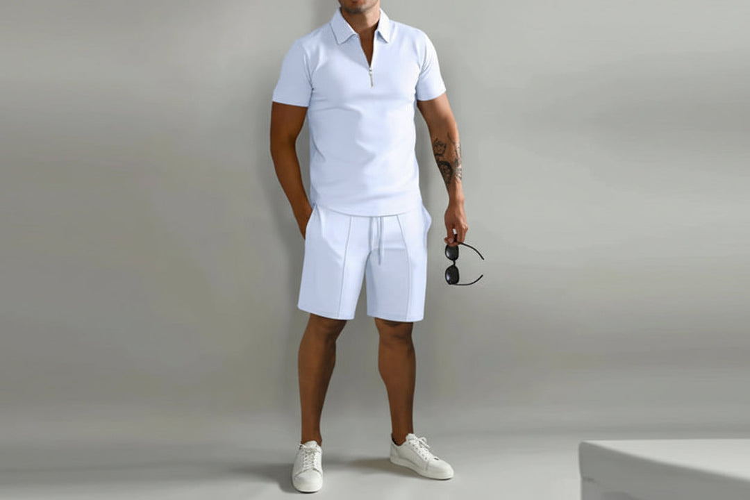 Herren Zweiteiliges Set Poloshirt mit Reißverschluss und kurze Hose-Men Sets-Alpenkind