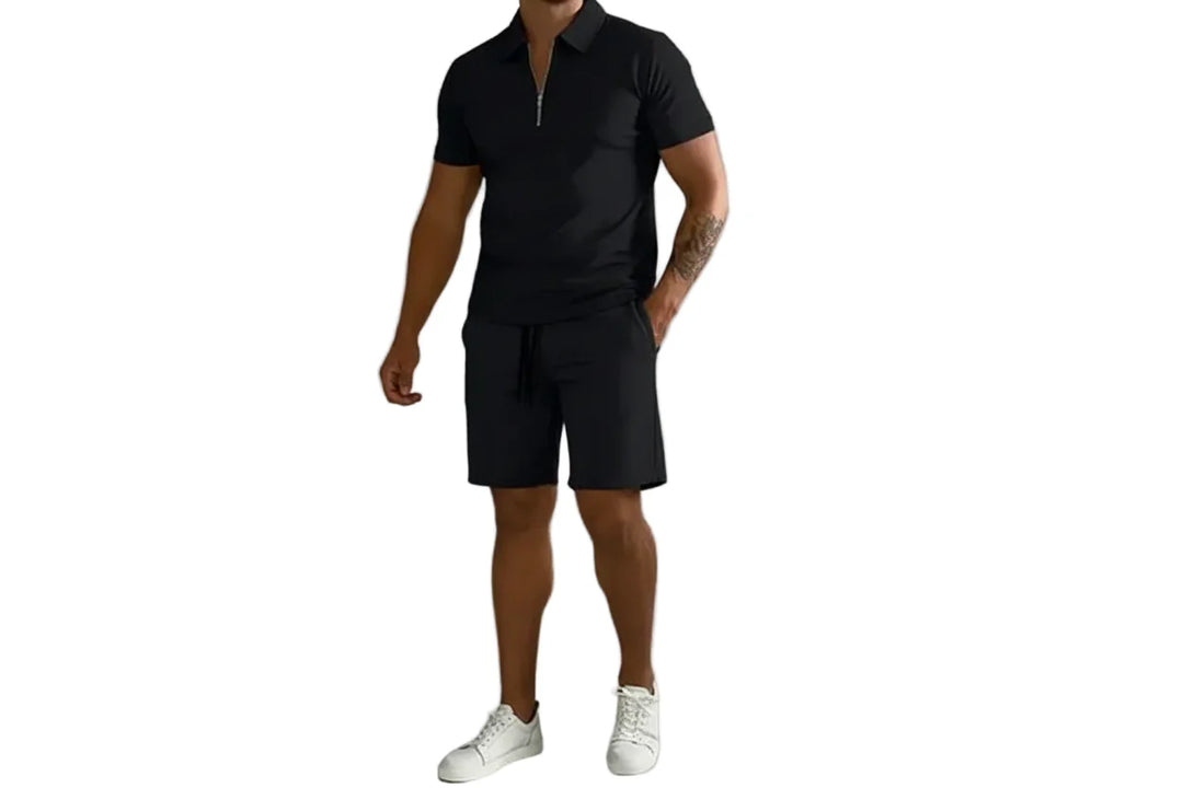 Herren Zweiteiliges Set Poloshirt mit Reißverschluss und kurze Hose-Men Sets-Alpenkind