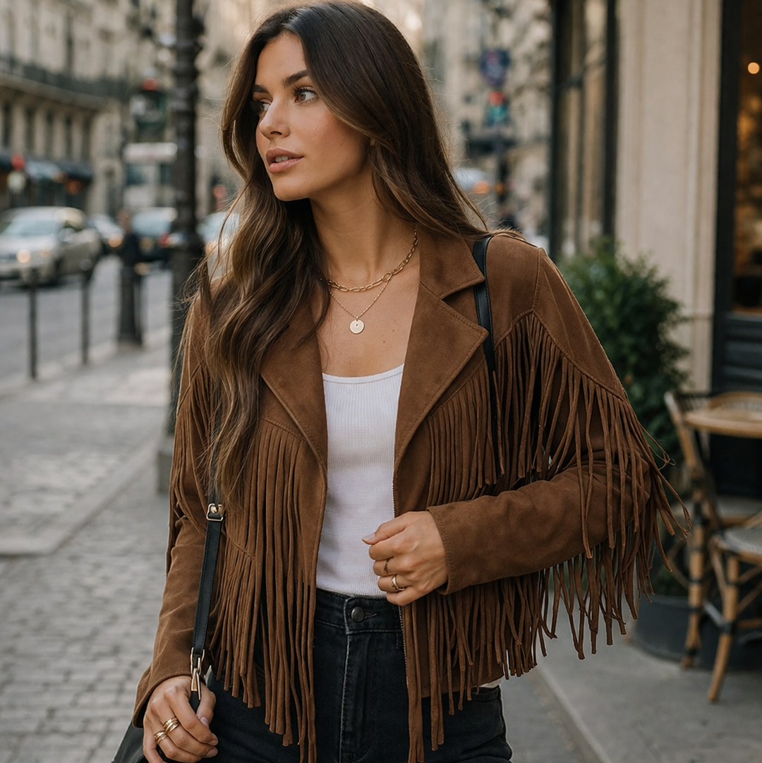Braune Wildlederjacke mit Fransen für Damen