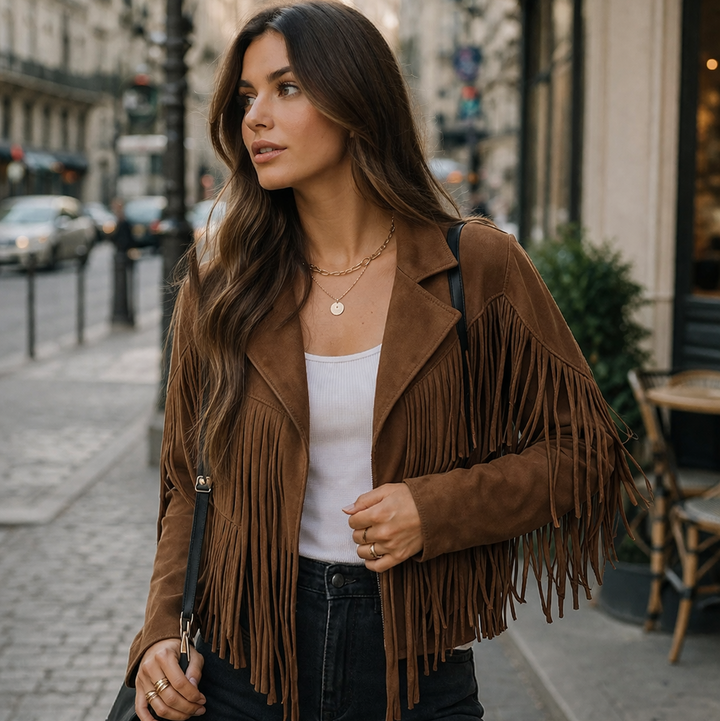 Braune Wildlederjacke mit Fransen für Damen