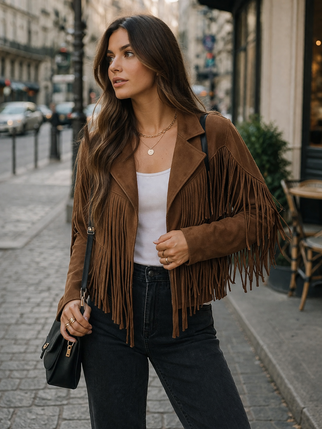 Braune Wildlederjacke mit Fransen für Damen