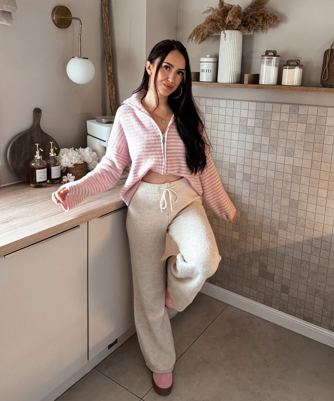 Zip Strickjacke Helena Streifen Rosa Ladypolitan ♡